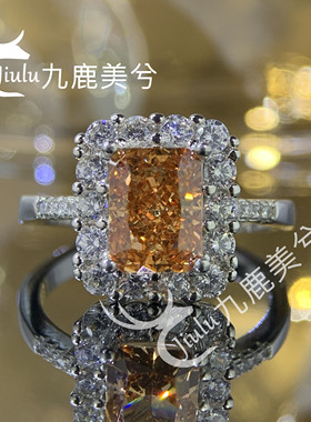 2克拉培育高碳钻雷迪恩美拉德冰花切戒指厚镀18K金托6*8长方钻戒