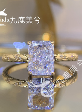 培育冰花切2克拉雷迪恩薰衣草戒指厚镀18K金镶嵌6*8长方钻戒彩宝