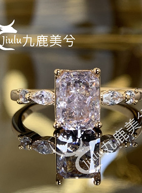 高级闭口冰花切钻戒2克拉雷迪恩冰川灰18K金戒指镶6*8培育高碳钻