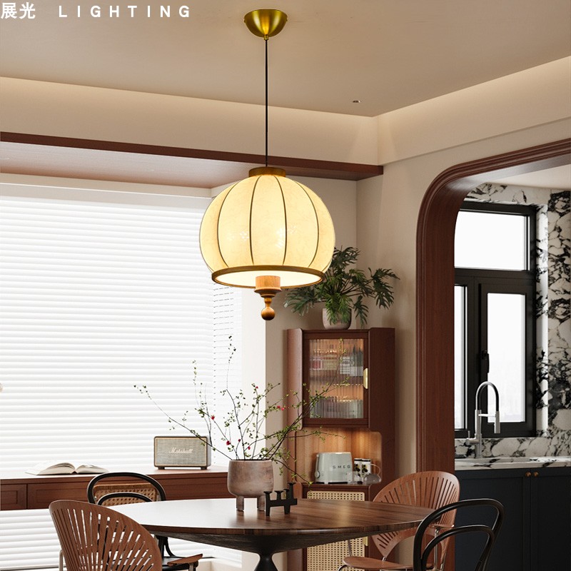 中古餐厅卧室全铜胡桃木布艺吊灯