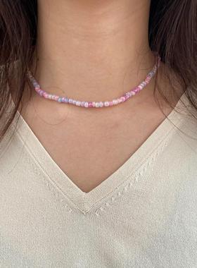 Pink Necklace women necklaces women串珠锁骨链 粉色米珠项链女