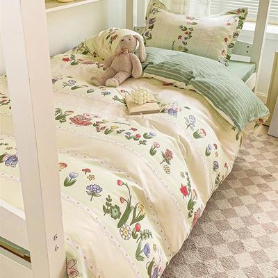 Three piece single sheet set on the bed of college dormitory