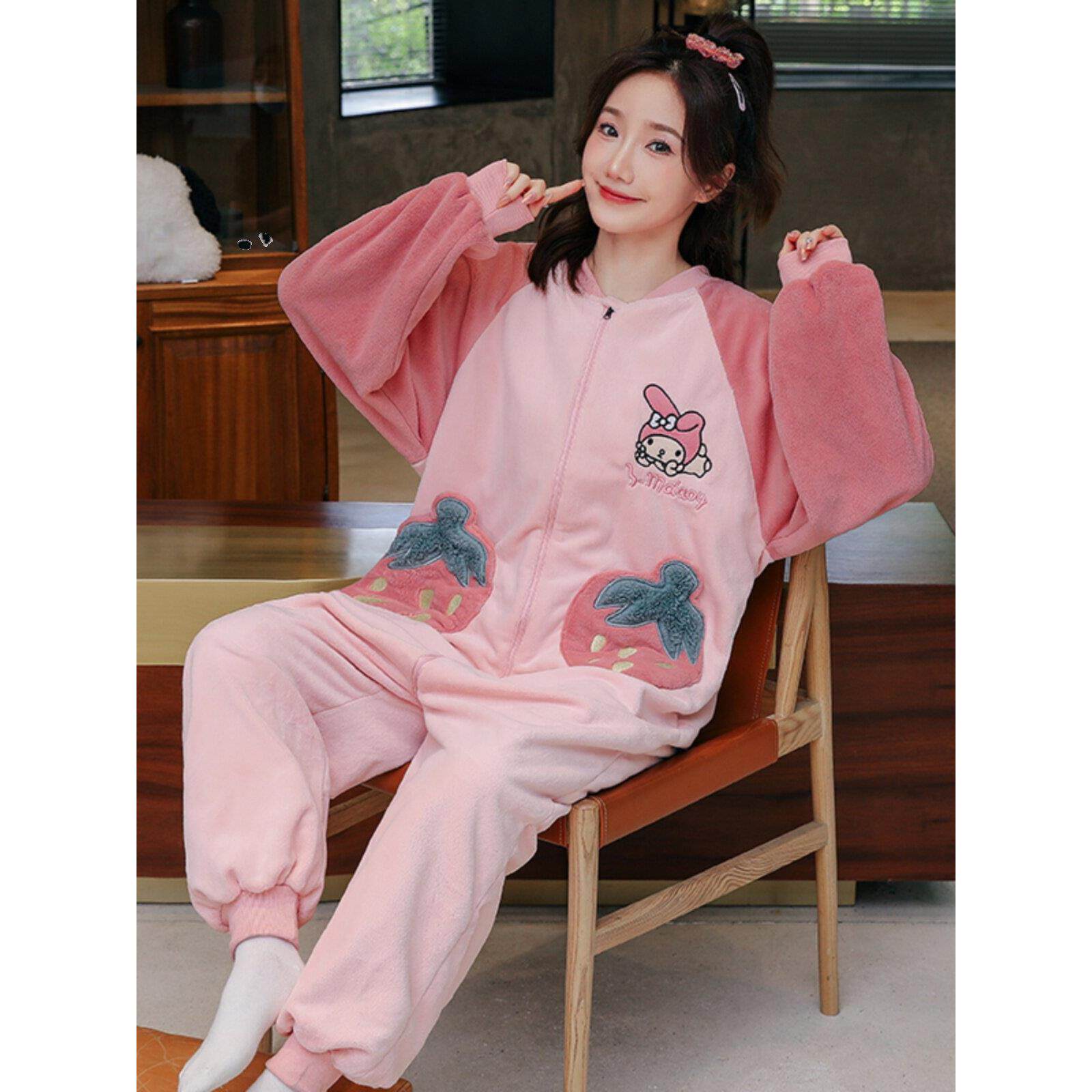 Cute flannel mother daughter parent-child pajamas女珊瑚绒