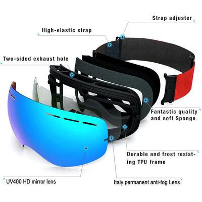 Ski Goggles UV400 Protection Snowboard Eyewear Anti-fog Big