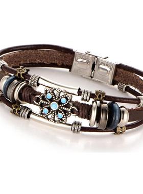 Vintage flower Turquoise men's Leather Bracelet绿松石皮手链