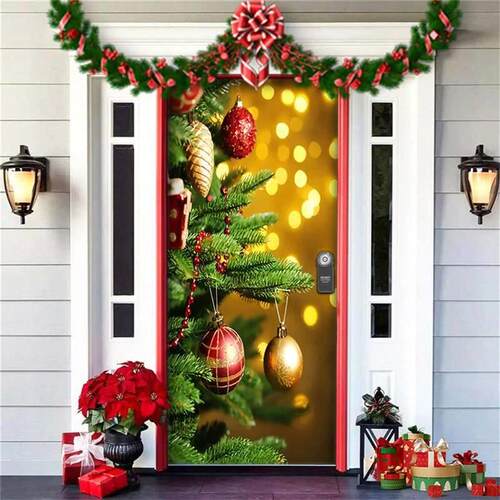 Christmas Door Cover Decoration Green Christmas Background C