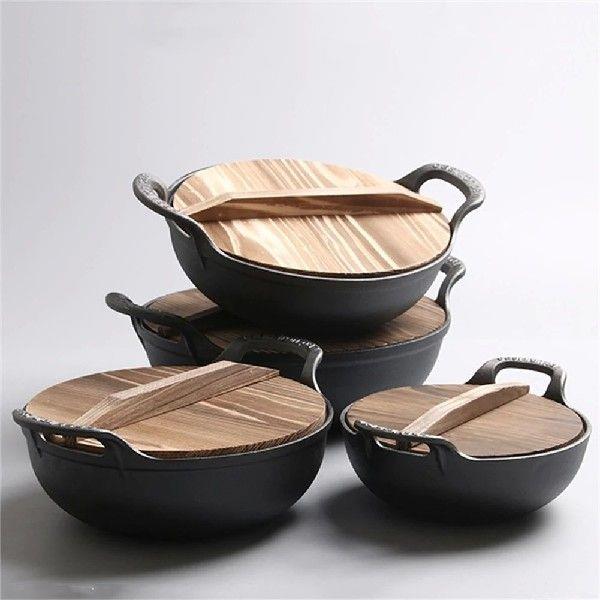 Uncoated Cast Iron Wok Dual Handle Flat Bottom Non-stick