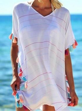 Women Tassel Dress Summer V Neck Ladies Blouse Shirt Swimmin