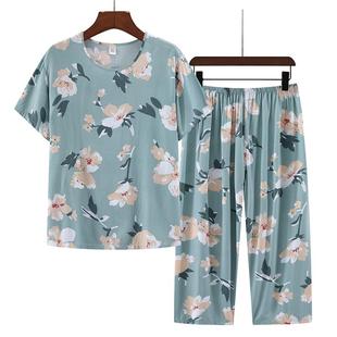 棉绸睡衣女夏季 两件套夏天人造棉中年妈妈家居服女夏外穿 薄款 短袖