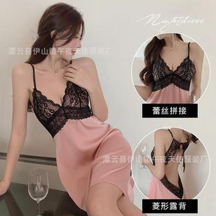 高级感仿真丝性感吊带裙秋季 蕾丝镂空美背纯欲情调睡衣家居服1922