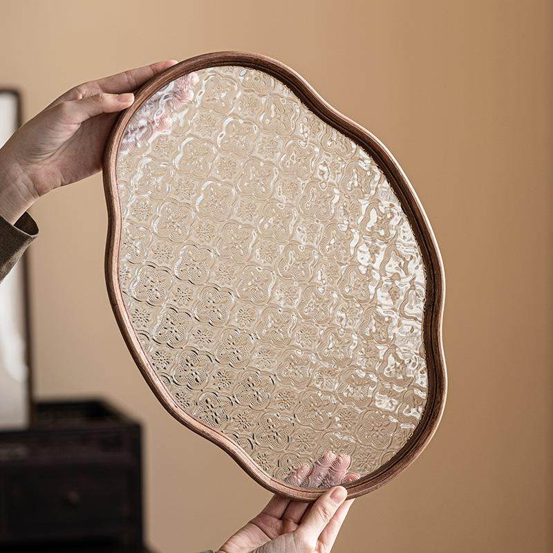 海棠花玻璃托盘中式小型茶点盘家用盖碗壶承壶托复古茶具收纳盘子,餐饮具,茶盘,淘宝优惠券,粉丝福利购,淘宝优惠卷