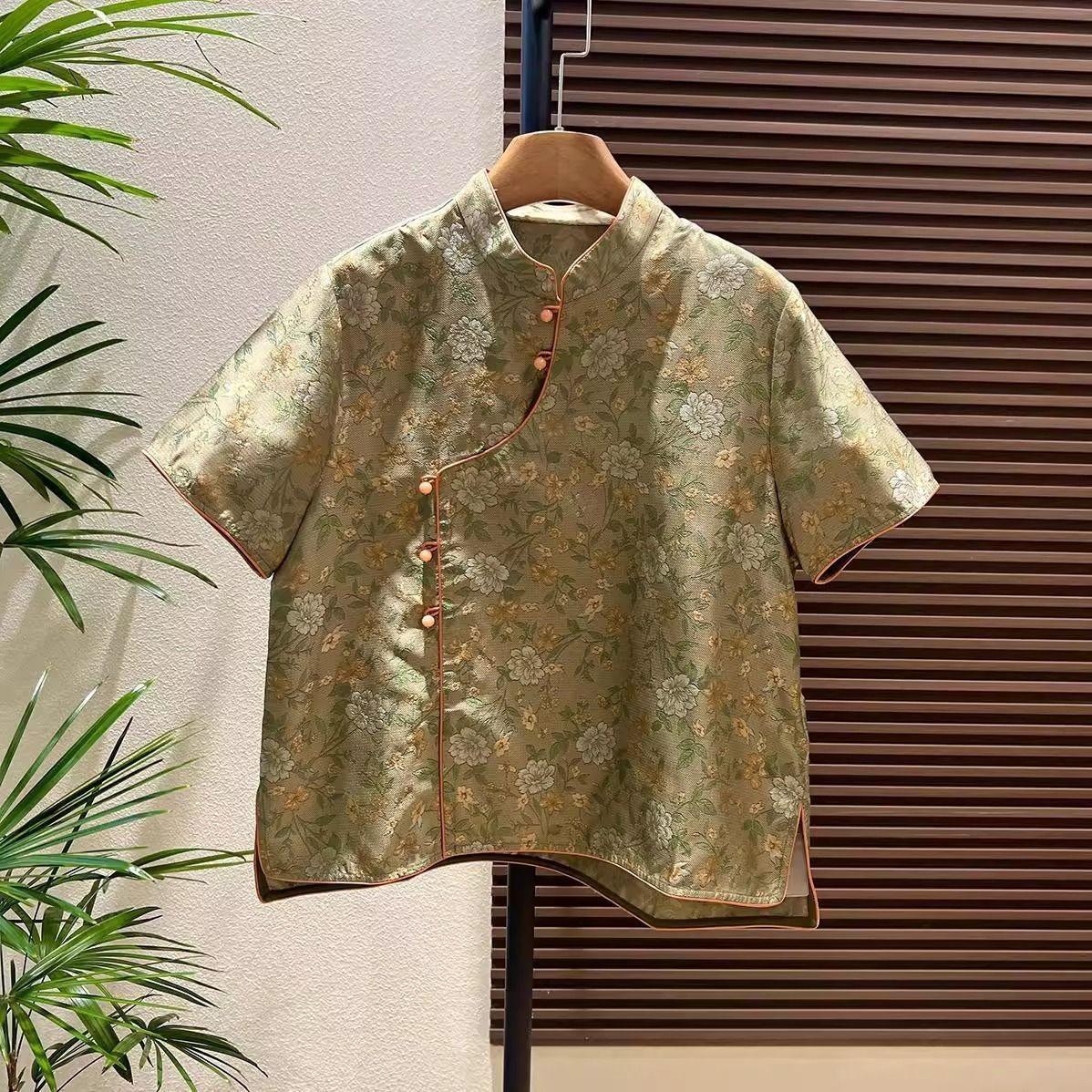 新中式宋锦异色花罗高级改良国风复古短袖衬衫漂亮贵气衬衫上衣