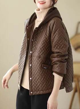 秋冬新款皮衣外套女宽松休闲夹棉加厚加绒保暖开衫外套连帽菱形格