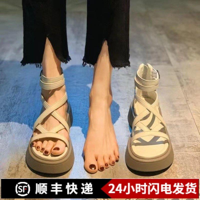 时尚厚底松糕底凉鞋女2025夏季新款百搭镂空交叉细带后拉链罗马靴