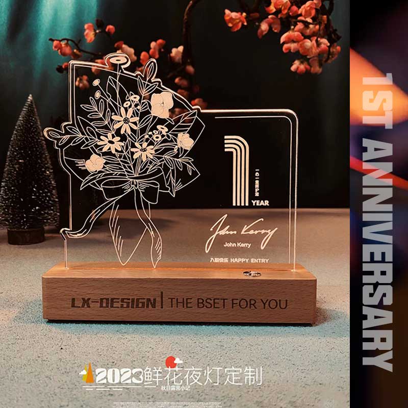 鲜花夜灯纪念奖牌定制入职周年退休员工暖光可控亮度充电款定制名