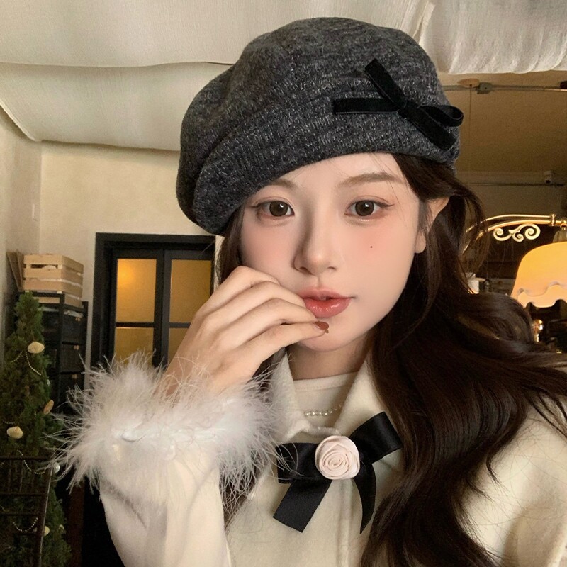 复古八角帽女小头围蝴蝶结灰色毛呢贝雷帽女秋冬季韩系显脸小百搭