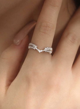 麦穗爱心锆石戒指轻奢风橄榄枝树叶食指指环精致感闪耀心形开口戒