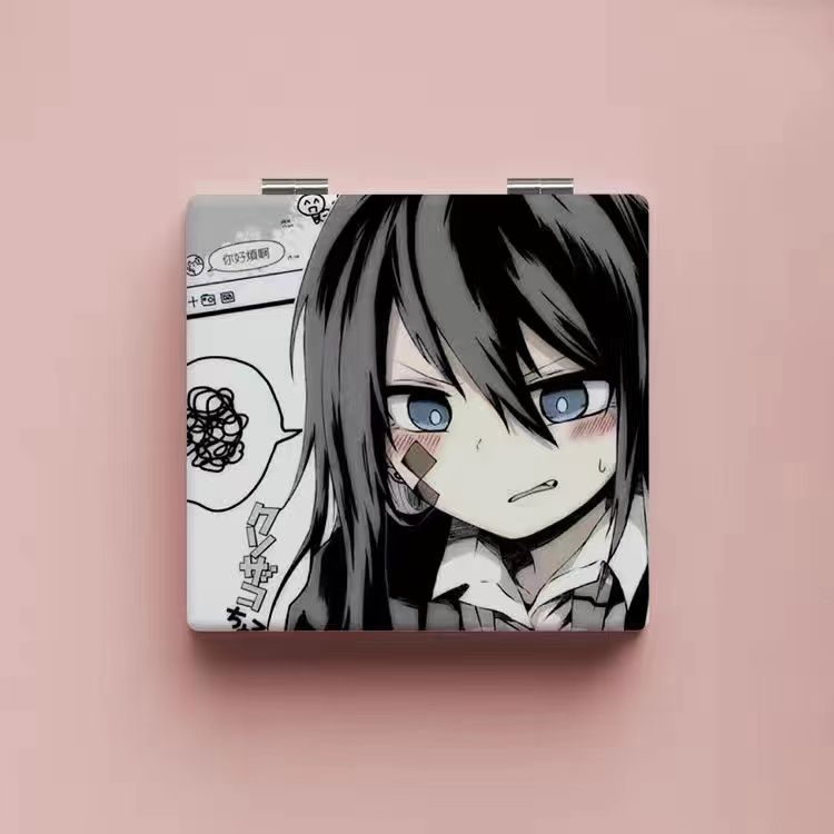 动漫黑白可爱学生小镜子随身折叠化妆镜便携迷你双面正方形镜子