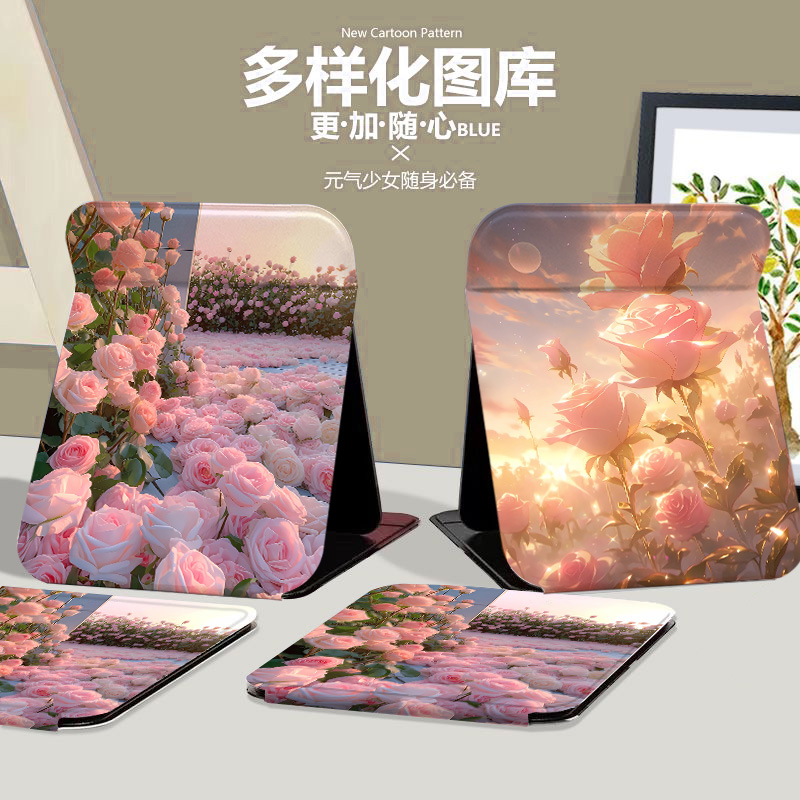 花海粉红玫瑰折叠化妆镜可爱学生宿舍台式大家用办公补妆镜女生