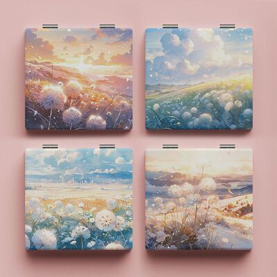 治愈ins随身化妆镜便携学生宿舍折叠镜迷你补妆镜子双面图案镜子