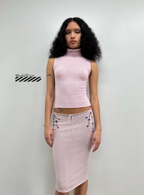 正品 Tankair粉色高领无袖针织T恤上衣 kiko同款针织刺绣半身裙