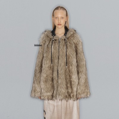 正反面两穿皮毛一体连帽皮草外套