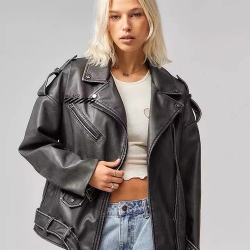 翻领做旧机车拉链夹克皮衣外套