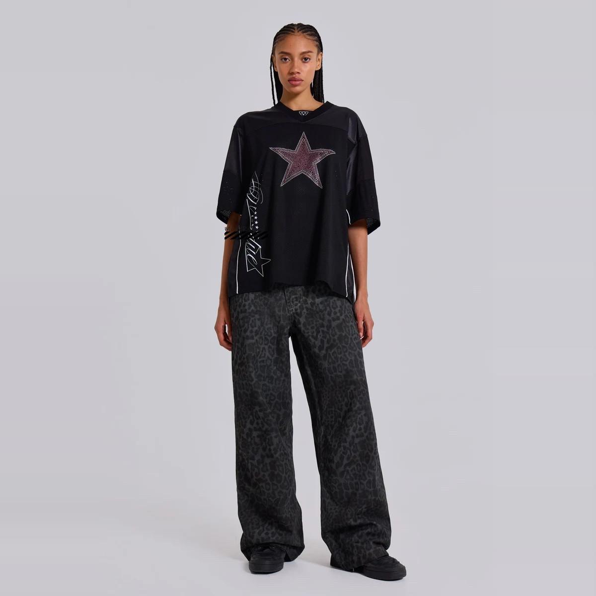 豹纹印花宽松低腰直筒牛仔裤