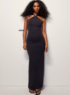 正品Kylie同款 KHY GraceLing金属扣褶皱挂脖连衣裙性感露肩长裙