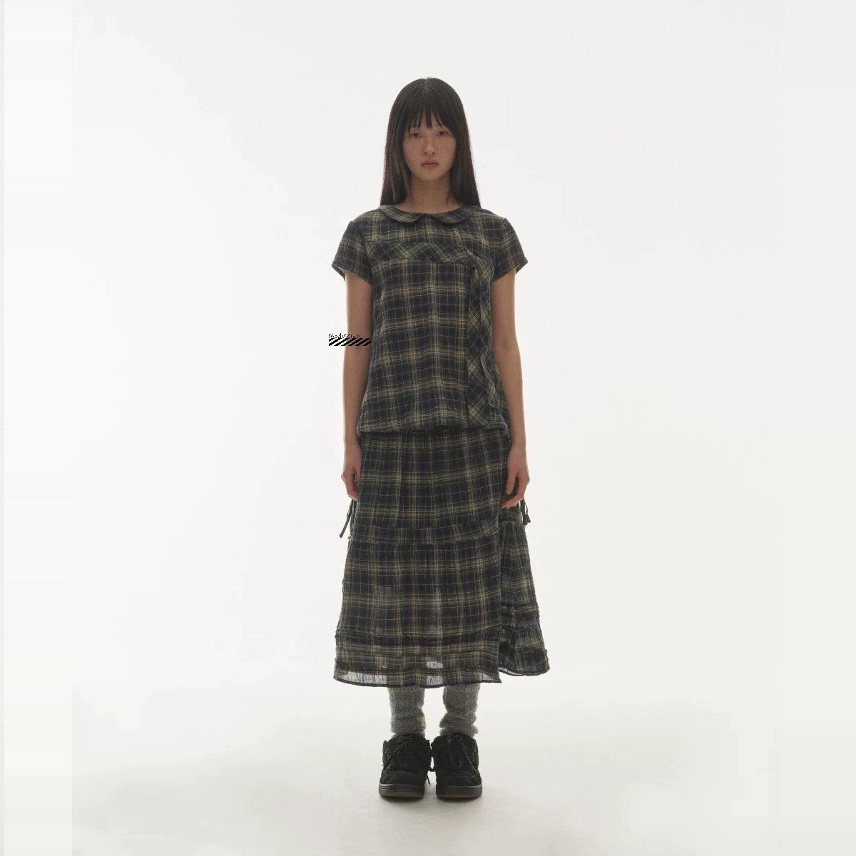 复古少女格纹翻领蝴蝶结短袖