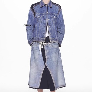 断码折扣 pushBUTTON SS24夏款时尚蓝色牛仔拼接不对称牛仔半身裙