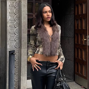 国现正品 Jaded London 复古斑纹气质毛领针织开衫西部风拼接外套