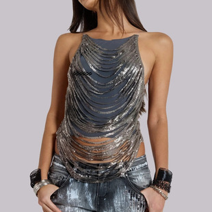 亮片水钻饰露背性感背心低腰喇叭长裤 London Jaded 买手店正品