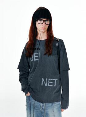 买手正品 Deinet 经典logo字母印花假两件拼接长袖上衣休闲风T恤