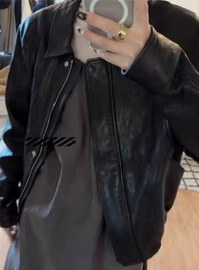 国现秒发 Ethos皮夹克显瘦翻领黑色长袖宽松pu短款皮衣外套女