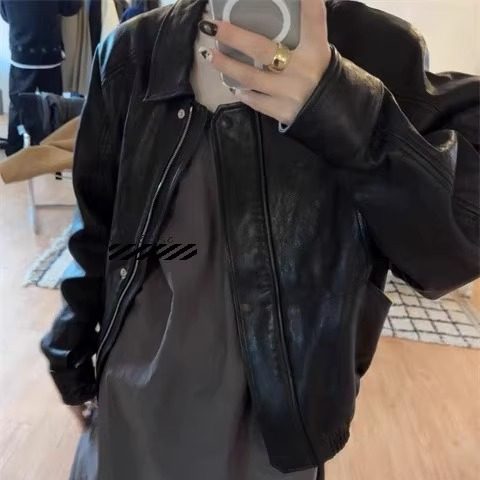 长袖宽松pu短款皮衣外套女