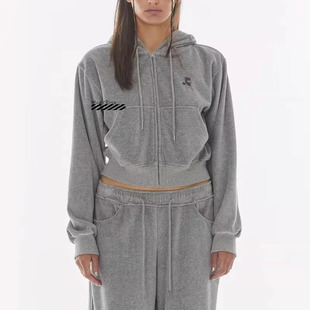 国现速发Restandrecreation绒面拉链短连帽卫衣外套休闲长裤套装