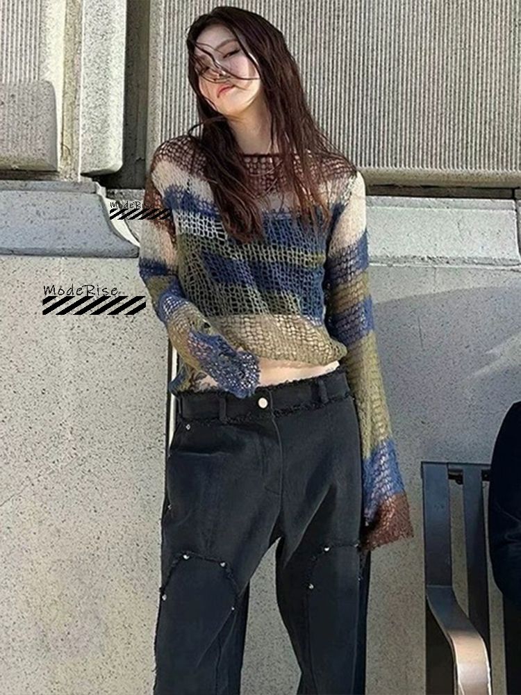 撞色条纹露背针织慵懒风薄款上衣