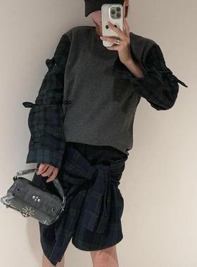 现货正品 OPENYY 秋冬新款格纹拼接袖子结圆领宽松长袖t恤上衣女