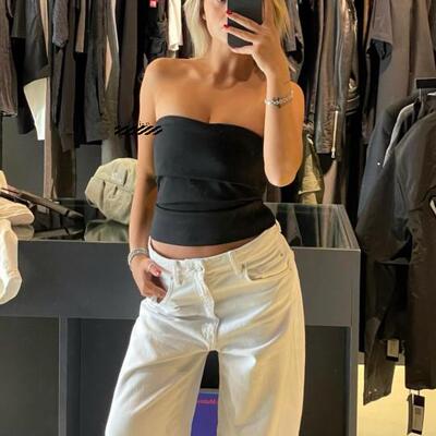 抹胸黑色翻领收腰上衣一字露肩