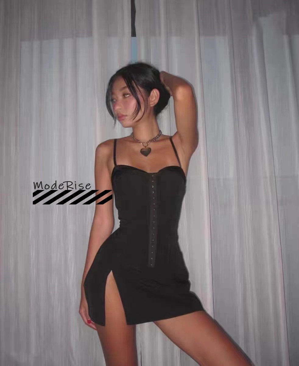 正品现货iamgia春季新款辣妹性感鱼骨钩扣紧身束腰开衩吊带连衣裙