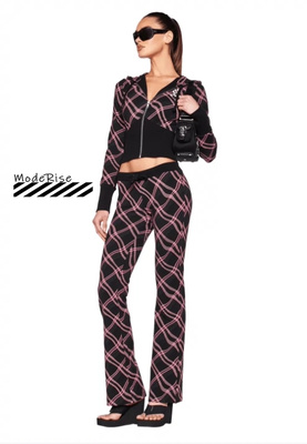 波浪格纹刺绣休闲裤长裤