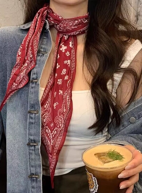复古经典红色腰果花纹菱形三角巾丝巾女叠穿腰带方巾绑发头巾发带