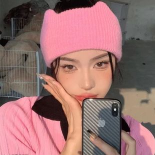 女士款冬天露头发适合扎马尾帽子空顶针织帽跑步专用运动护额发带