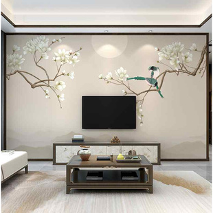 新款花鸟墙纸8d新中式淡雅墙布客厅卧室沙发电视背景墙壁纸装饰壁