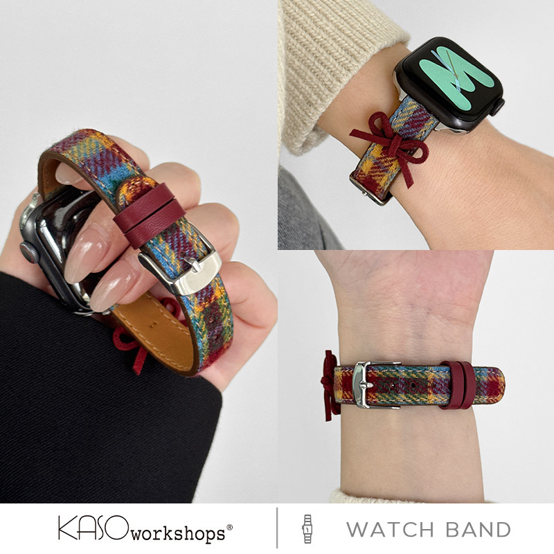 KASO秋冬新款细版蝴蝶结格纹毛呢皮革iwatch手表带s11适用applewatch女款ultra苹果9表带小众腕带s10高级感se