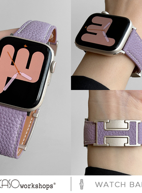 KASO适用applewatch10Ultra2表带苹果手表iwatch9表带10代H扣头层牛皮s10女生秋冬新款8765代se荔枝纹真皮