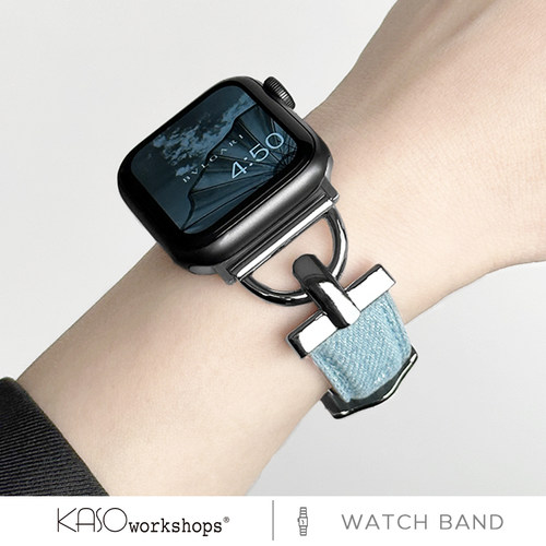 适用iwatch表带金属扣拼牛仔皮质