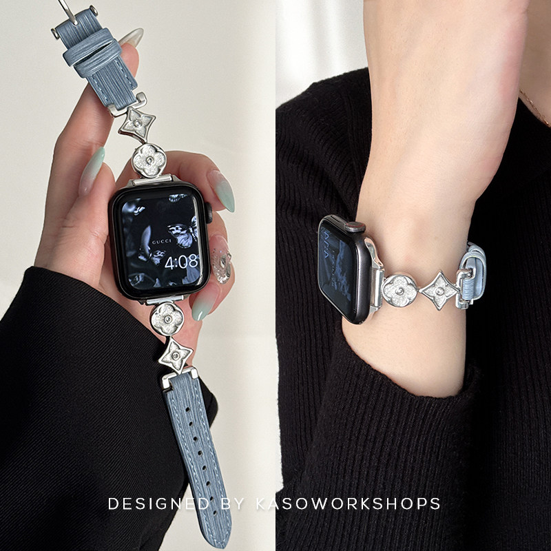 KASO新款纤细四叶链条草皮革iwatch表带s11适用苹果手表applewatch替换s10女9高级感ultra腕带se小众时尚精致