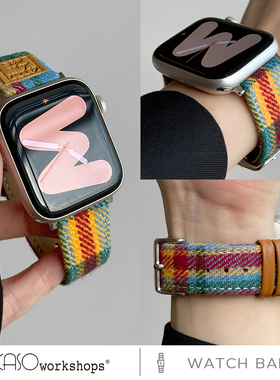 KASO适用苹果S11手表S10表带秋冬韩风感毛呢applewatch 9代新款iwatch8皮质复古小香风小众高级感女款ultra3